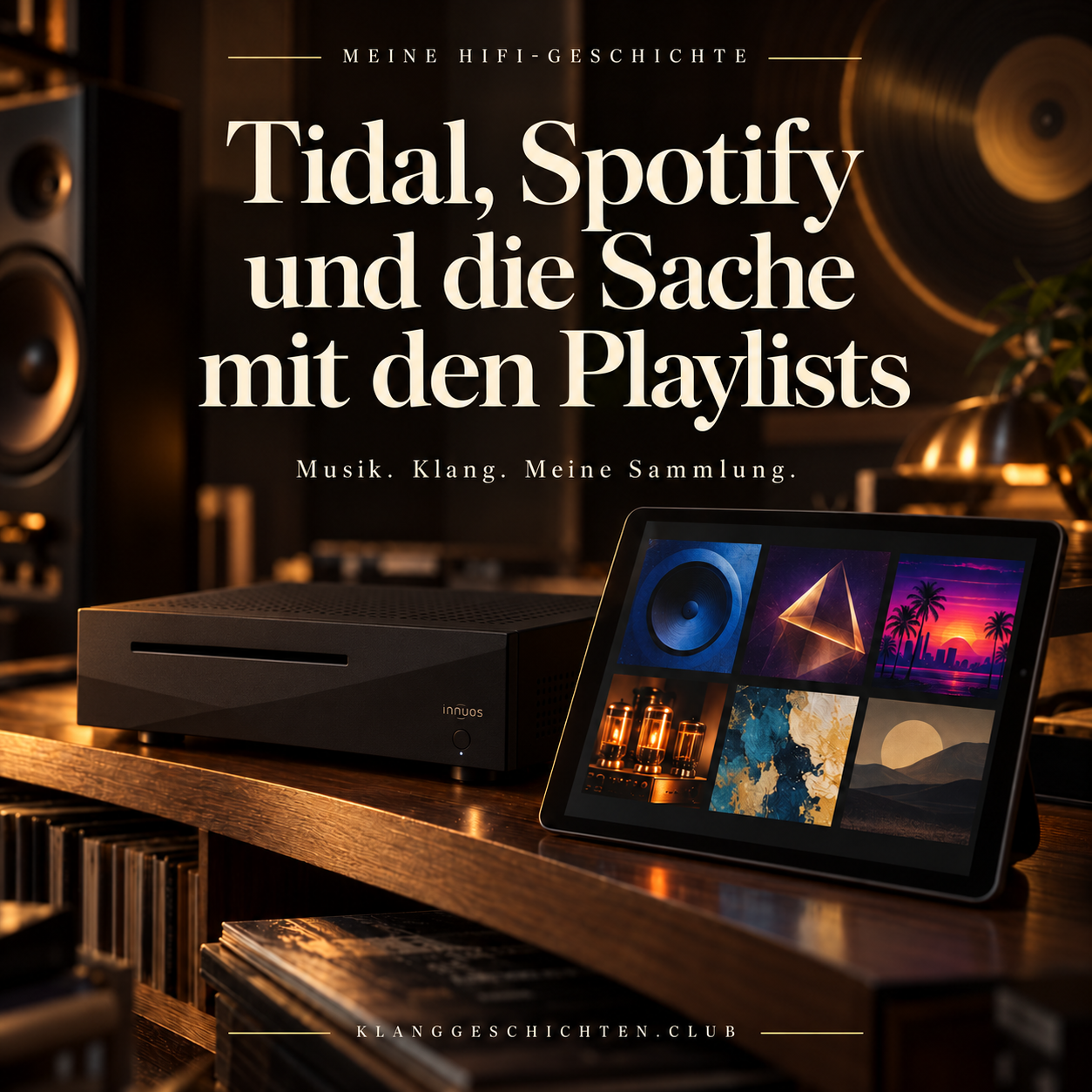 Meine HiFi-Geschichte: Tidal, Spotify und Playlists – KI-gestaltetes Titelbild mit Innuos ZENmini und Tablet mit Playlist-Covern