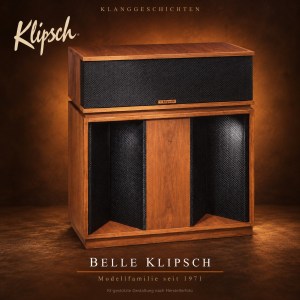 Belle Klipsch mit breitem Hornoberteil und flachem Basshorngehäuse, KI-gestaltete Illustration nach historischer Herstellerbroschüre.