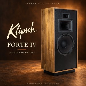 Klipsch Forte IV mit Hochtonhorn, Mitteltonhorn und direkt abstrahlendem Tieftöner, KI-gestaltete Illustration nach Herstellerfoto.