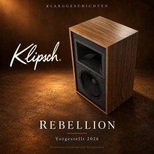 Klipsch Rebellion als kompakter Zweiwege-Lautsprecher mit großem Hochtonhorn und Tieftöner, KI-gestaltete Illustration nach Herstellerfoto.