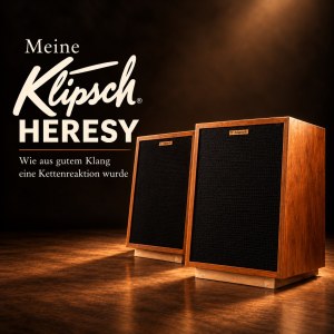 KI-Illustration meines vintage Klipsch-Heresy-Paars mit Holzgehäusen und schwarzen Abdeckungen; Titel: Meine Klipsch Heresy